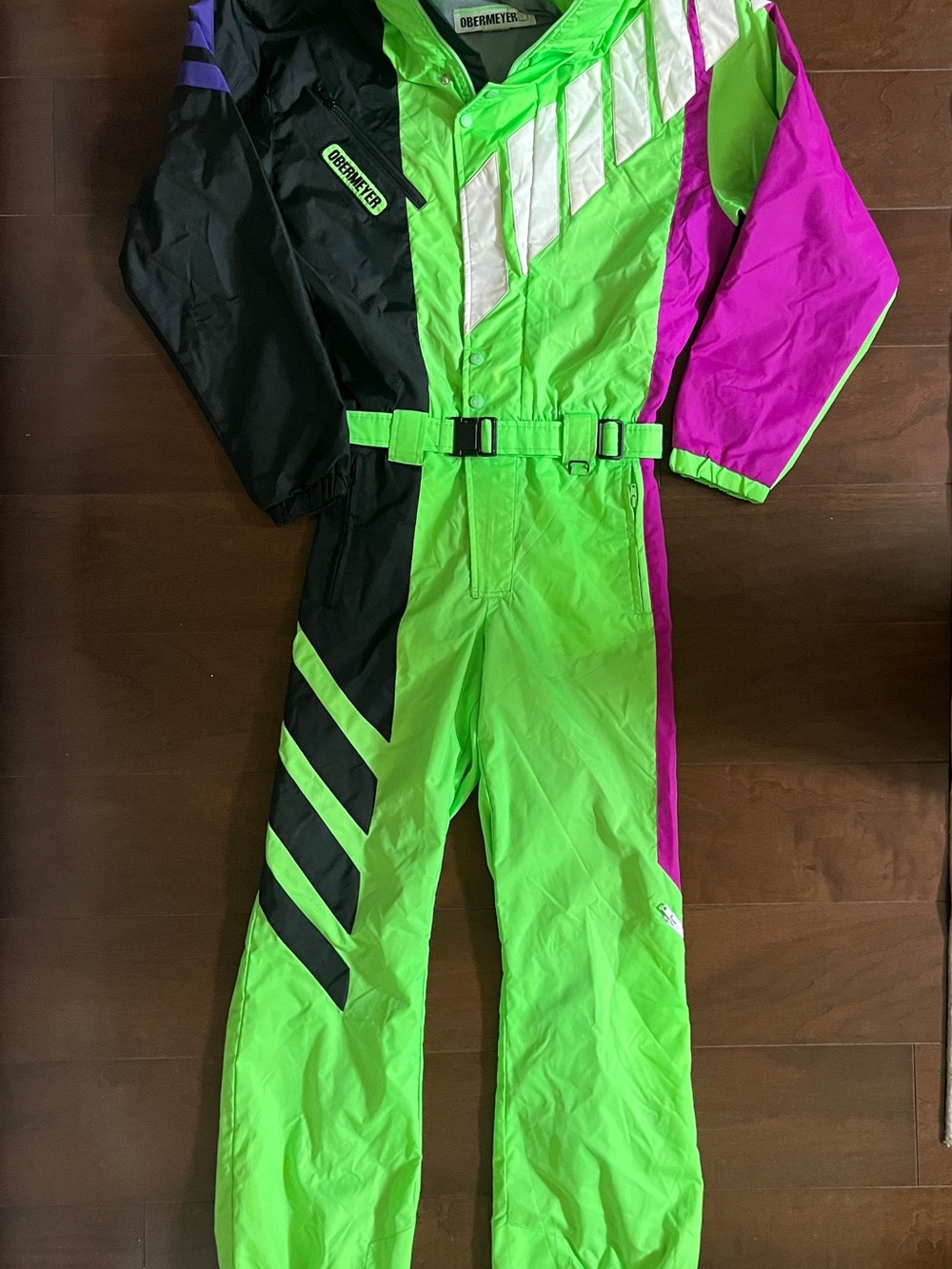 Obermeyer Neon Green, Pink and Black One-Piece Ski Bib
